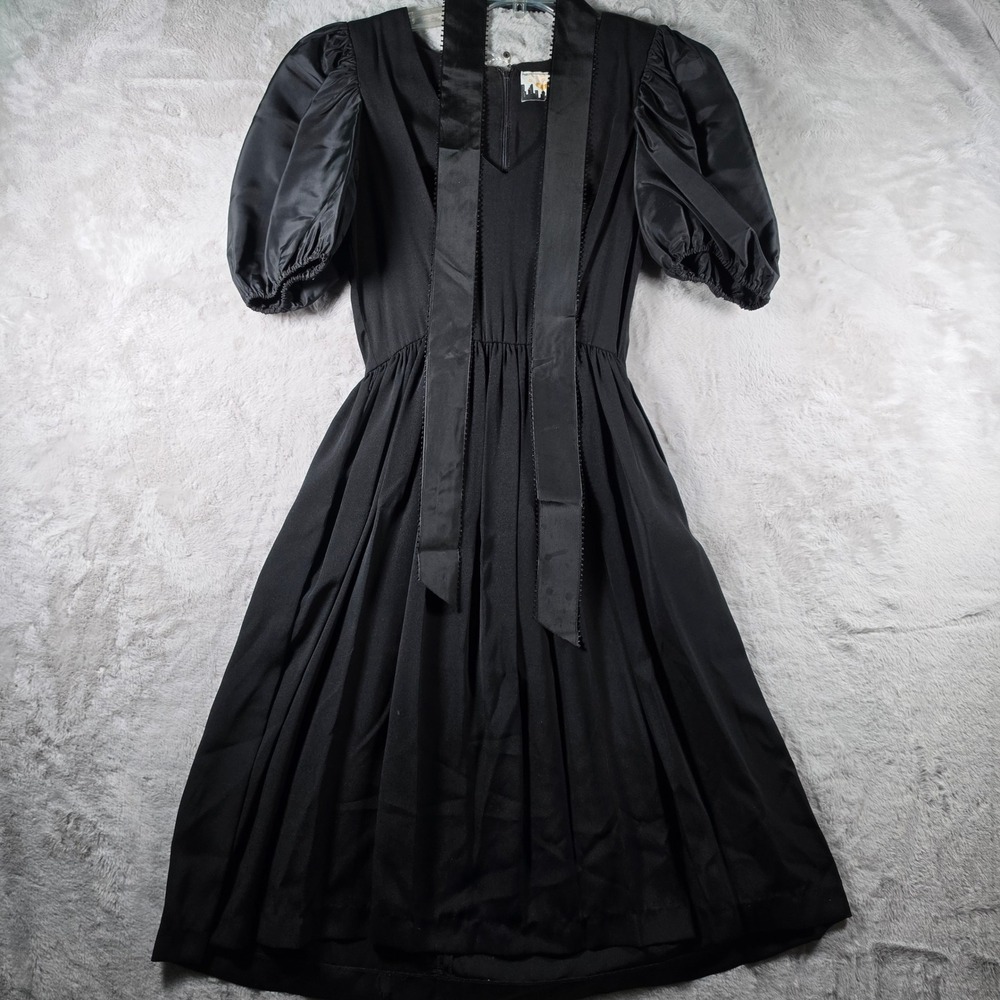 Puff-Sleeve Black Midi Dress with Neck Tie